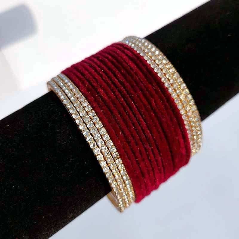 Maroon Velvet Metal Bangle Set