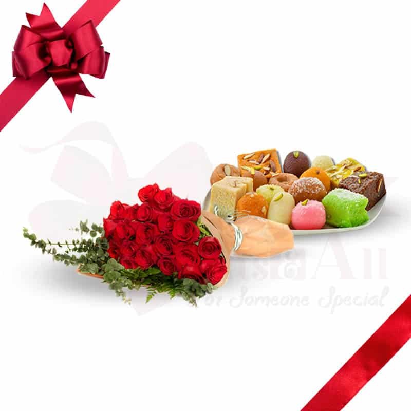 Mix mithai and rose bouquet